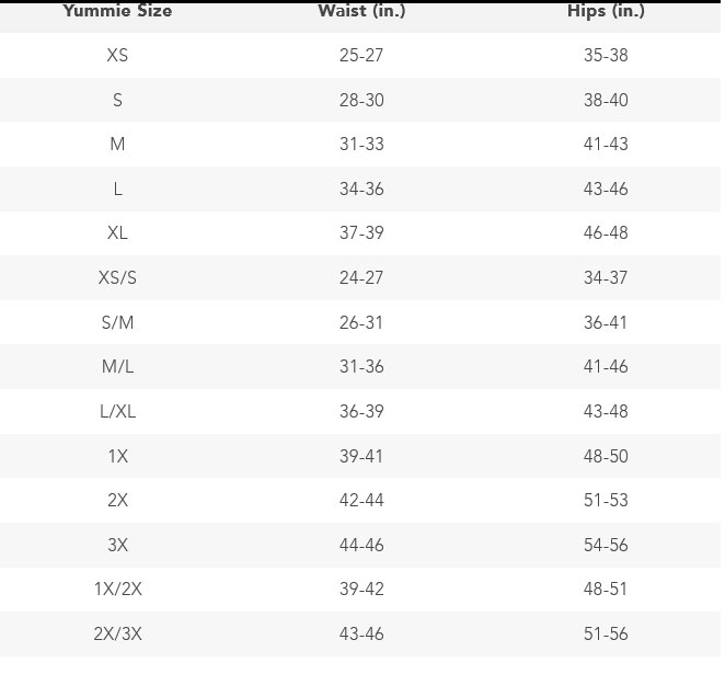 Size Chart for Yummie 6-in-1 Shaping Tank