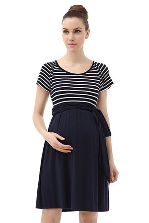 Alexia Scoop Neck Striped Belted Tie Maternity Dress by Kimi & Kai Maternity