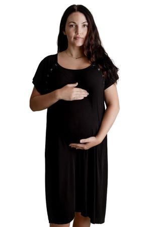 Three Little Tots Mommy Labor & Delivery Nursing Gown (Black Ribbed) by Three Little Tots