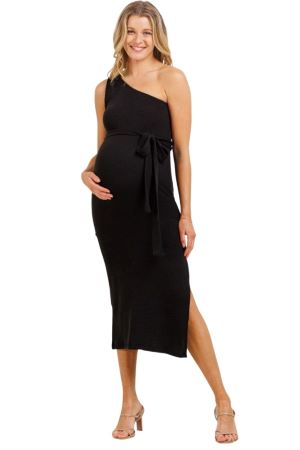 One Shoulder Waist Belt Ribbed Maternity Dress (Black) by Hello Miz