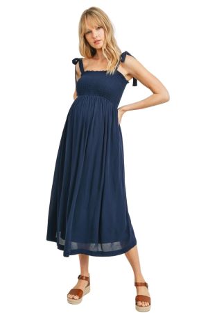 Tie Shoulder Sleeveless Smocked Midi Maternity Dress (Navy) by Hello Miz