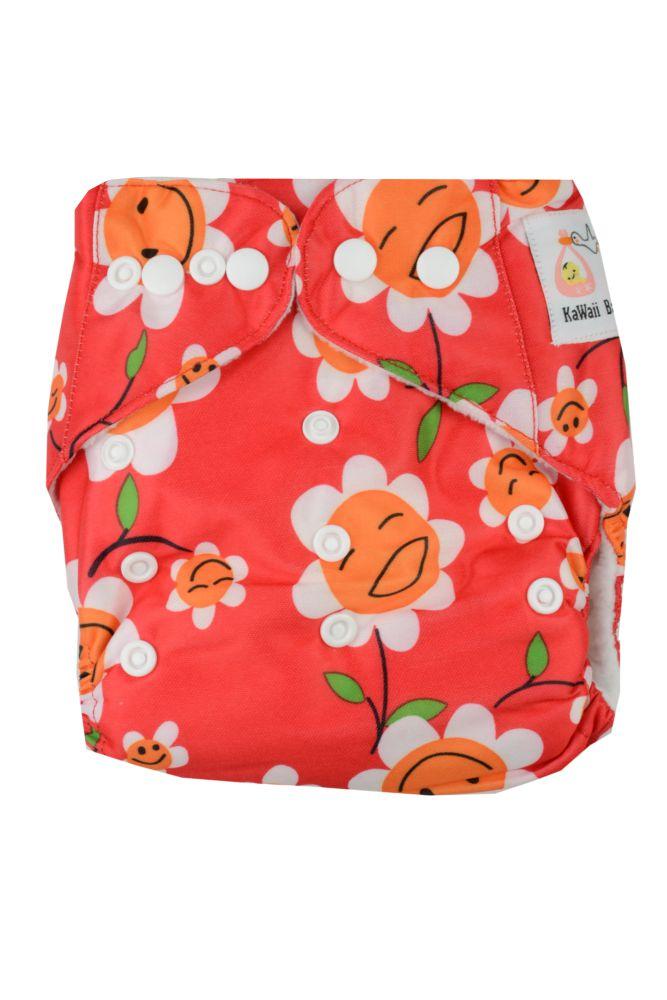 Kawaii Fun Print Snap Pocket Cloth Diaper in Smiley flower on Red