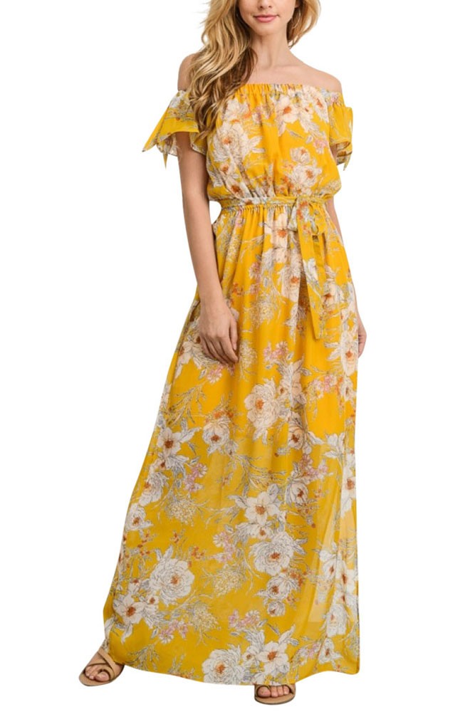 yellow floral off the shoulder maxi dress